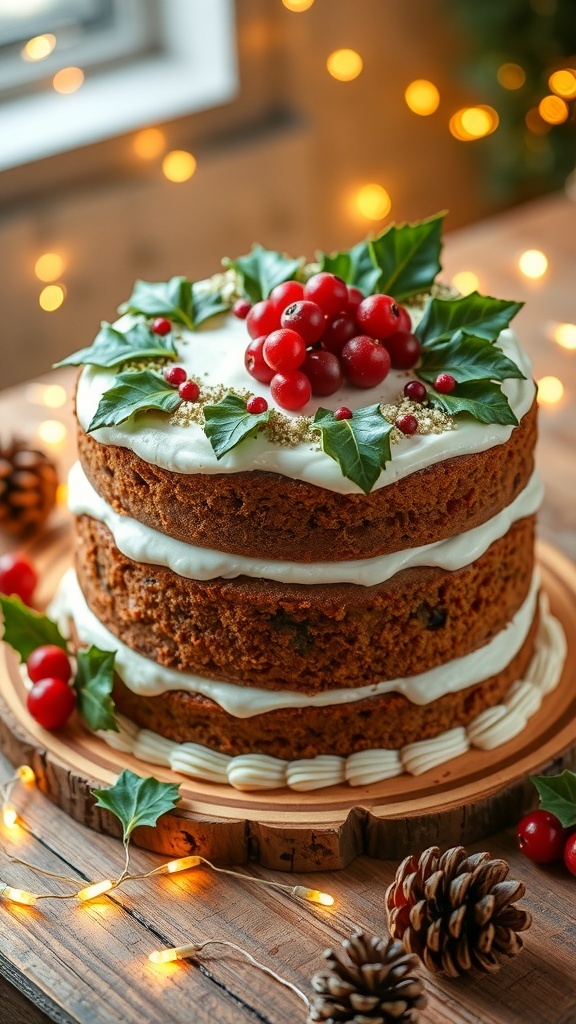 A festive Christmas cake decorated with icing, holly, and berries on a wooden table.